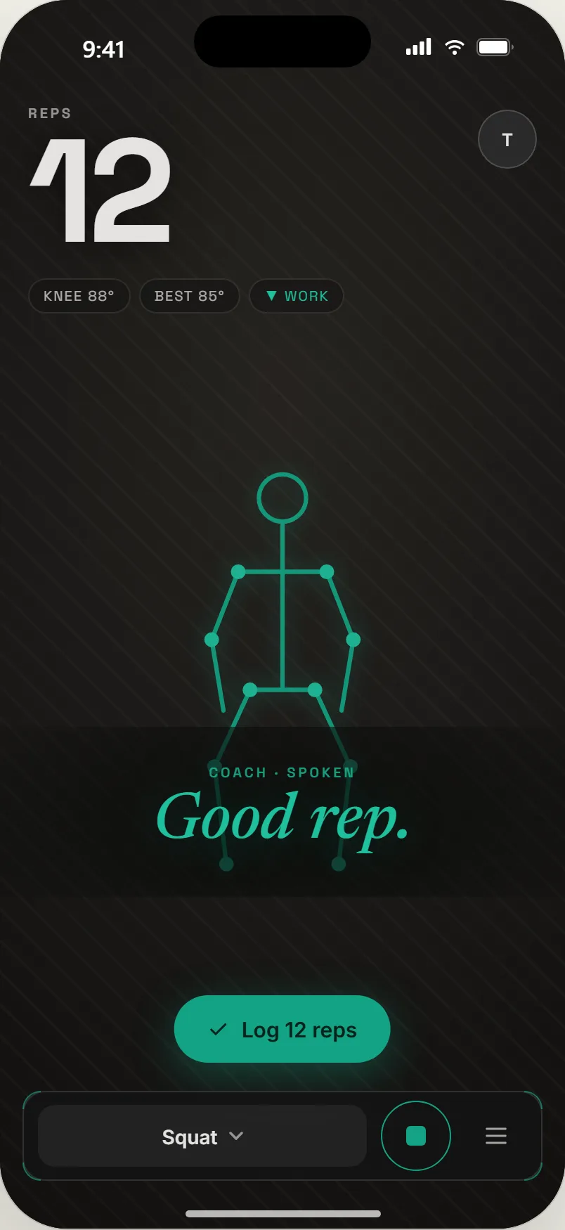 A live set at twelve reps with knee angle, best angle, and the spoken cue Good rep