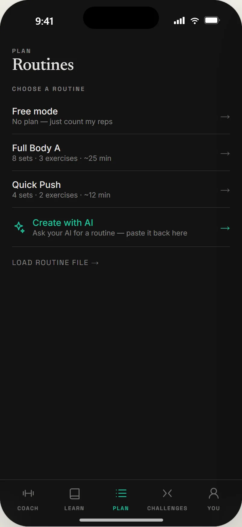 Routines: free mode, Full Body A, Quick Push, and Create with AI