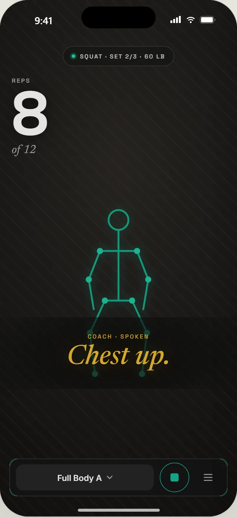 Routine: squat set 2 of 3 at 60 lb, rep 8 of 12, cue Chest up