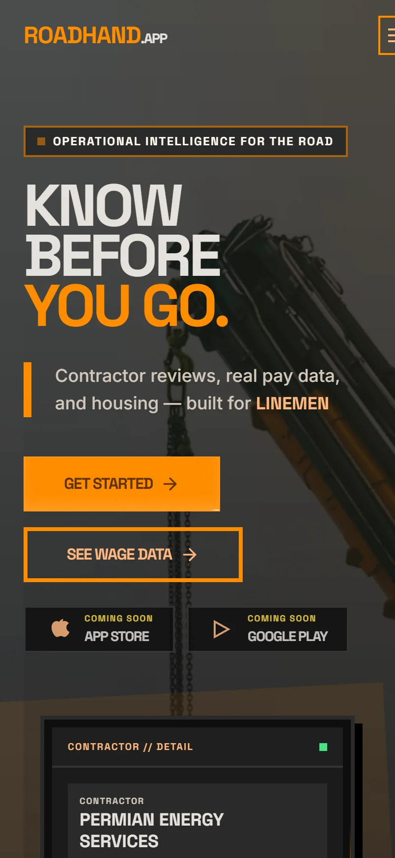 roadhand.app landing page: Know before you go, the rotating trade in the subline, Get started and See wage data, and a contractor detail card below