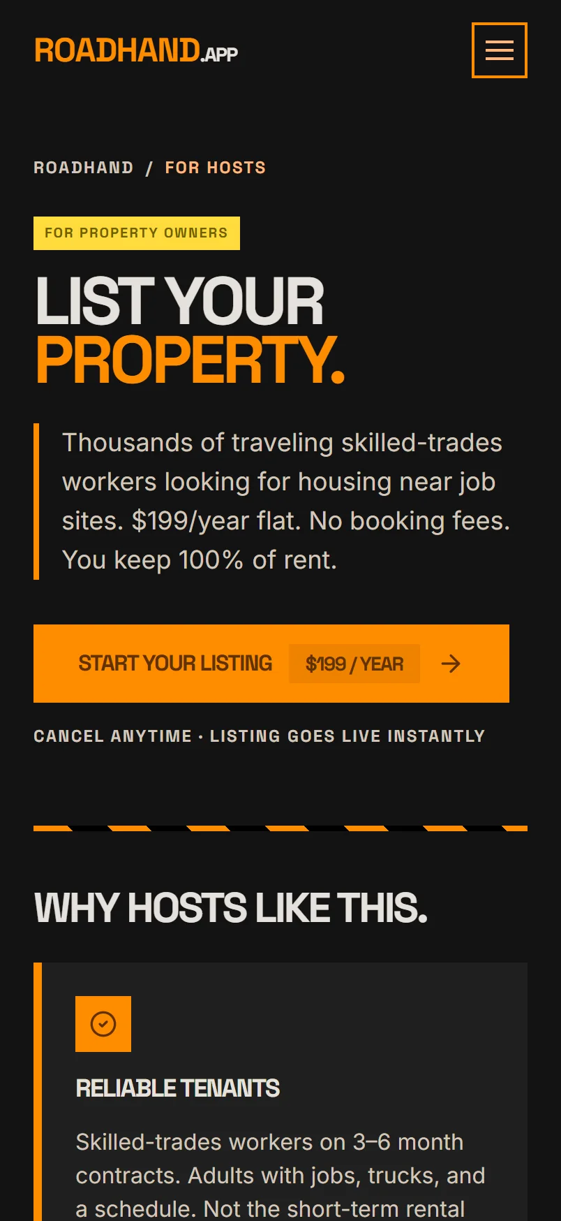 List your property: the host landing page with the $199 a year price and how it works