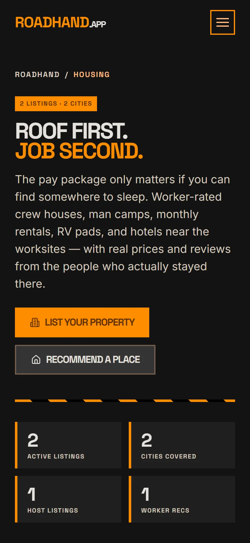 Housing: Roof first, job second, worker recommendations and host listings
