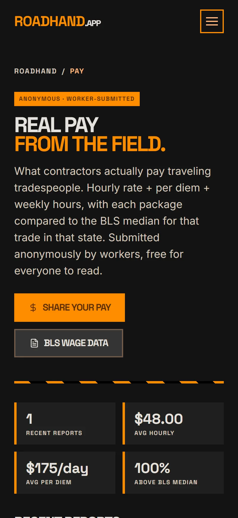 Real pay from the field: worker-submitted pay reports with hourly, per diem and the BLS comparison