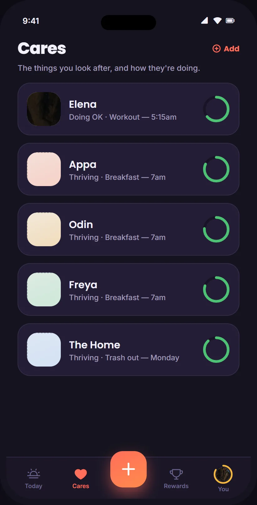 The Cares tab in the dark scheme