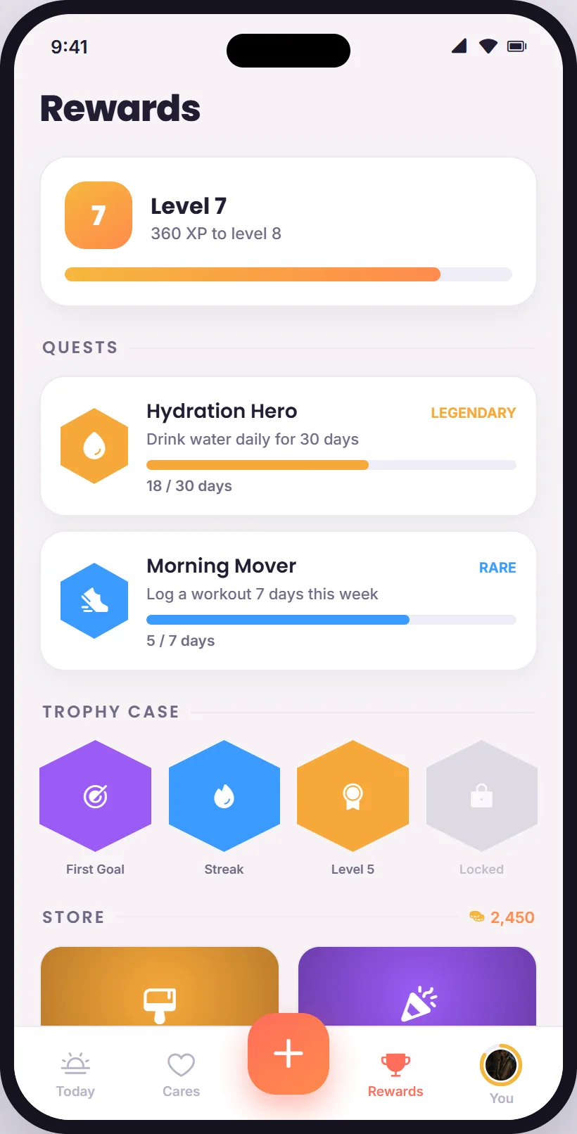 Rewards: level 7 with 360 XP to level 8, quests Hydration Hero and Morning Mover with progress, a trophy case of badges, and the store