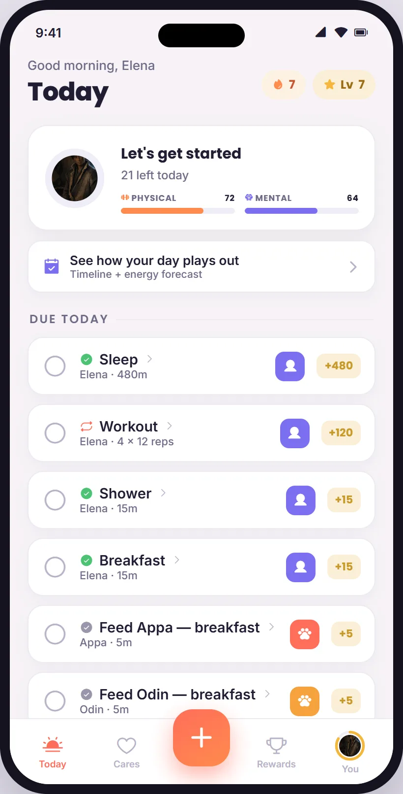 Today: good morning Elena, level 7, a day ring with 21 left, physical and mental energy meters, and the tasks due today