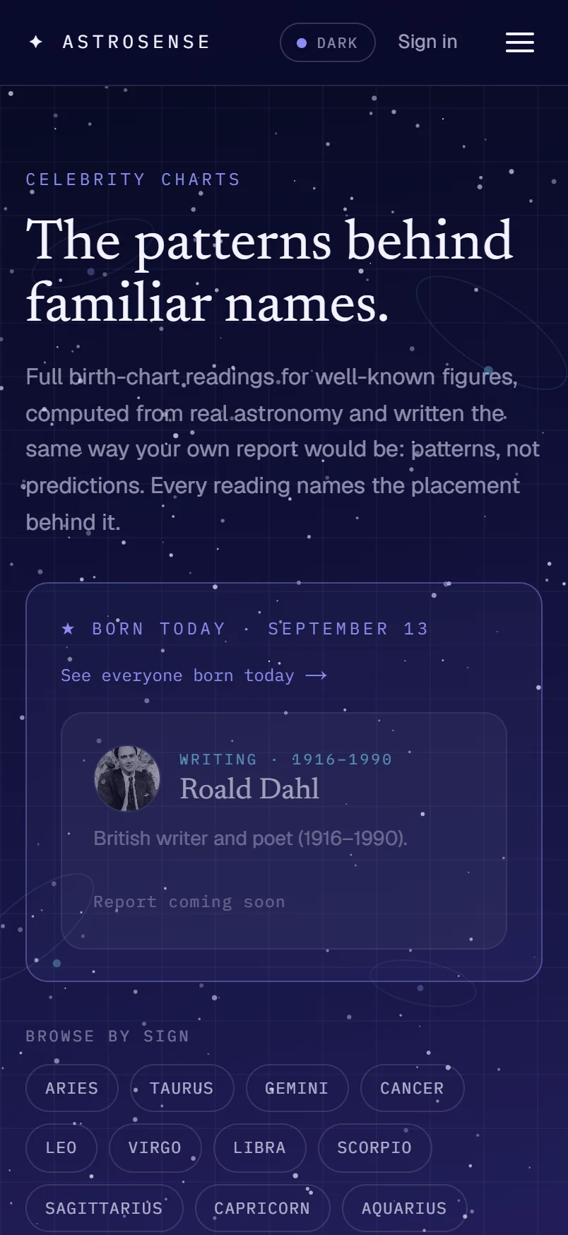 Celebrity charts: The patterns behind familiar names, a born-today card, and browse by sign