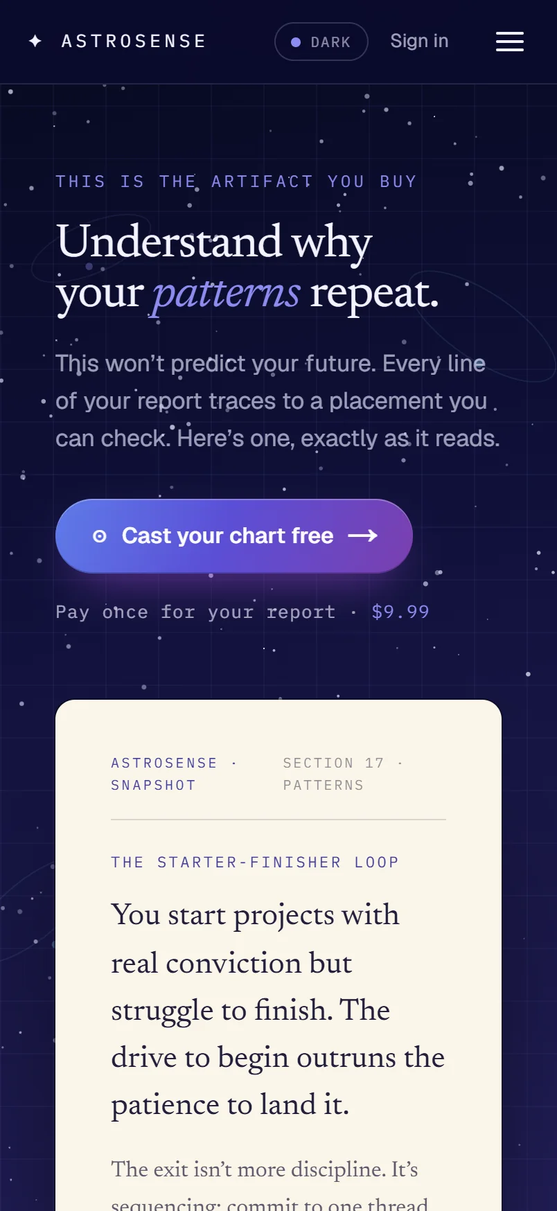 astrosense.ai landing page: Understand why your patterns repeat, a Cast your chart free button, pay once for your report at $9.99, and a sample section from a report below