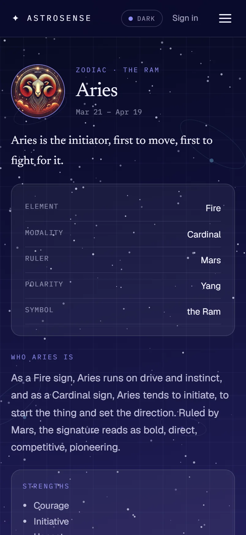 Aries sign page: Mar 21 to Apr 19, element Fire, modality Cardinal, ruler Mars, polarity Yang, symbol the Ram, then who Aries is