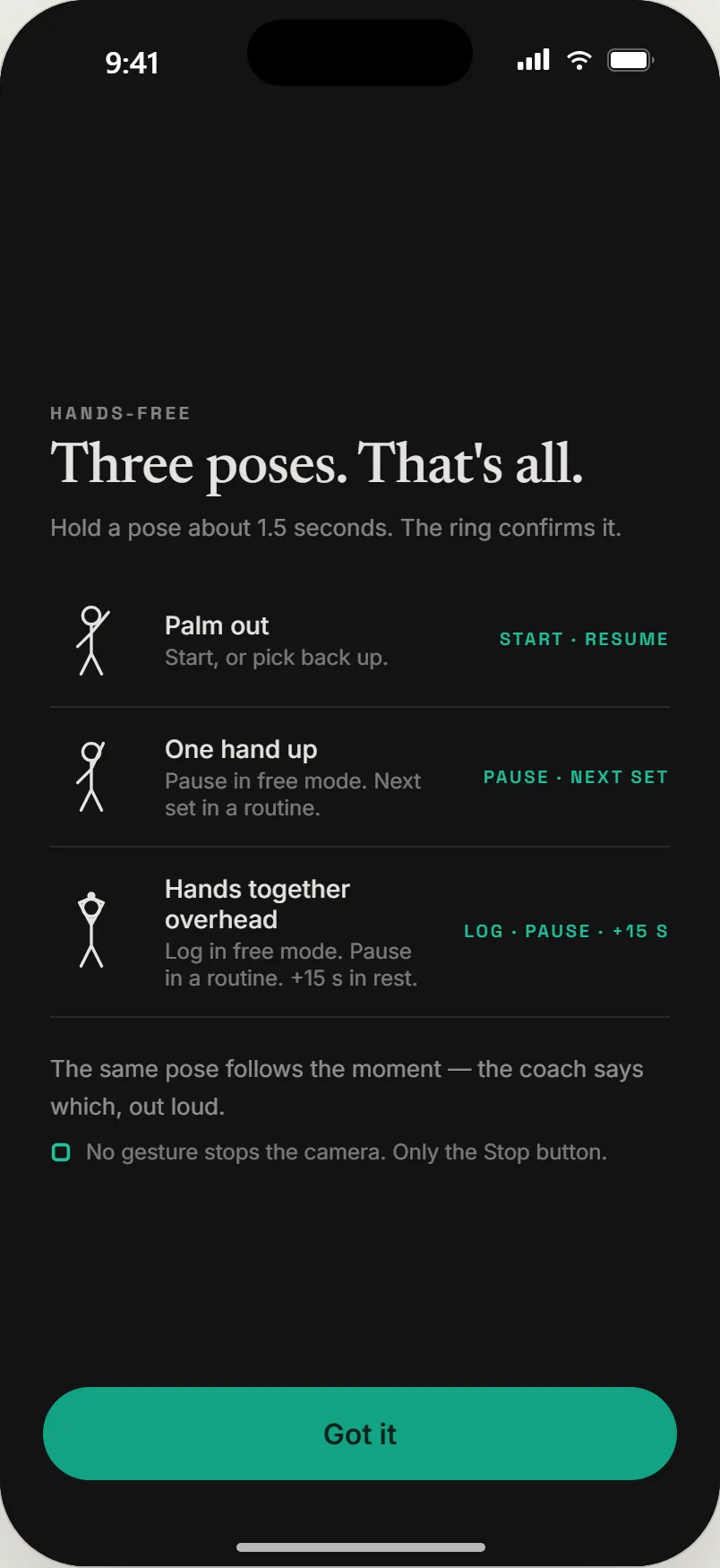 Hands-free: three poses, palm out, one hand up, hands together overhead