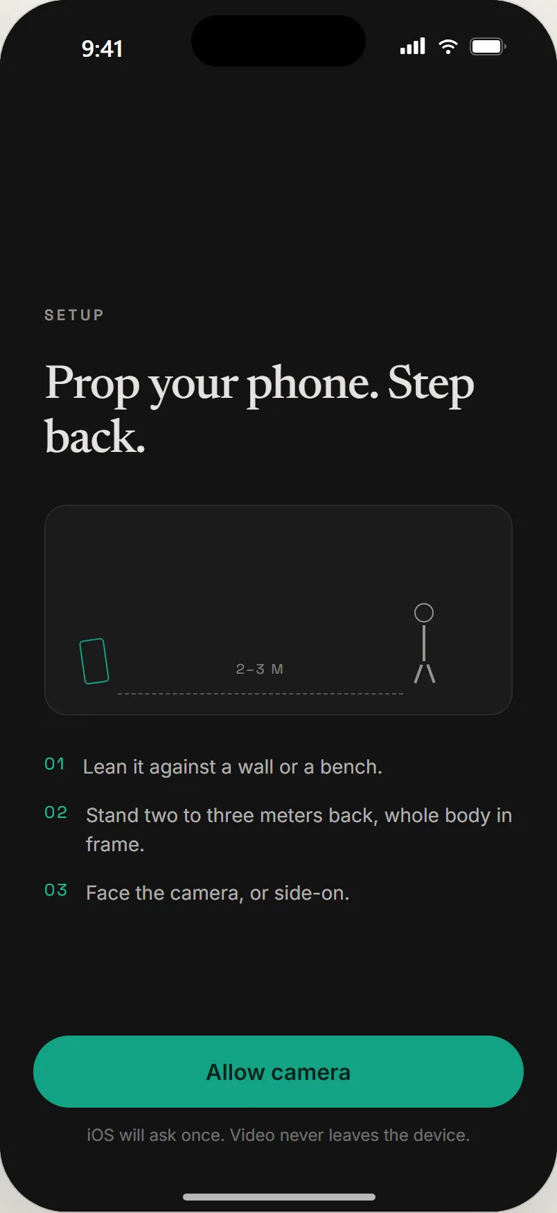 Setup: prop your phone, stand two to three meters back with your whole body in frame, then Allow camera