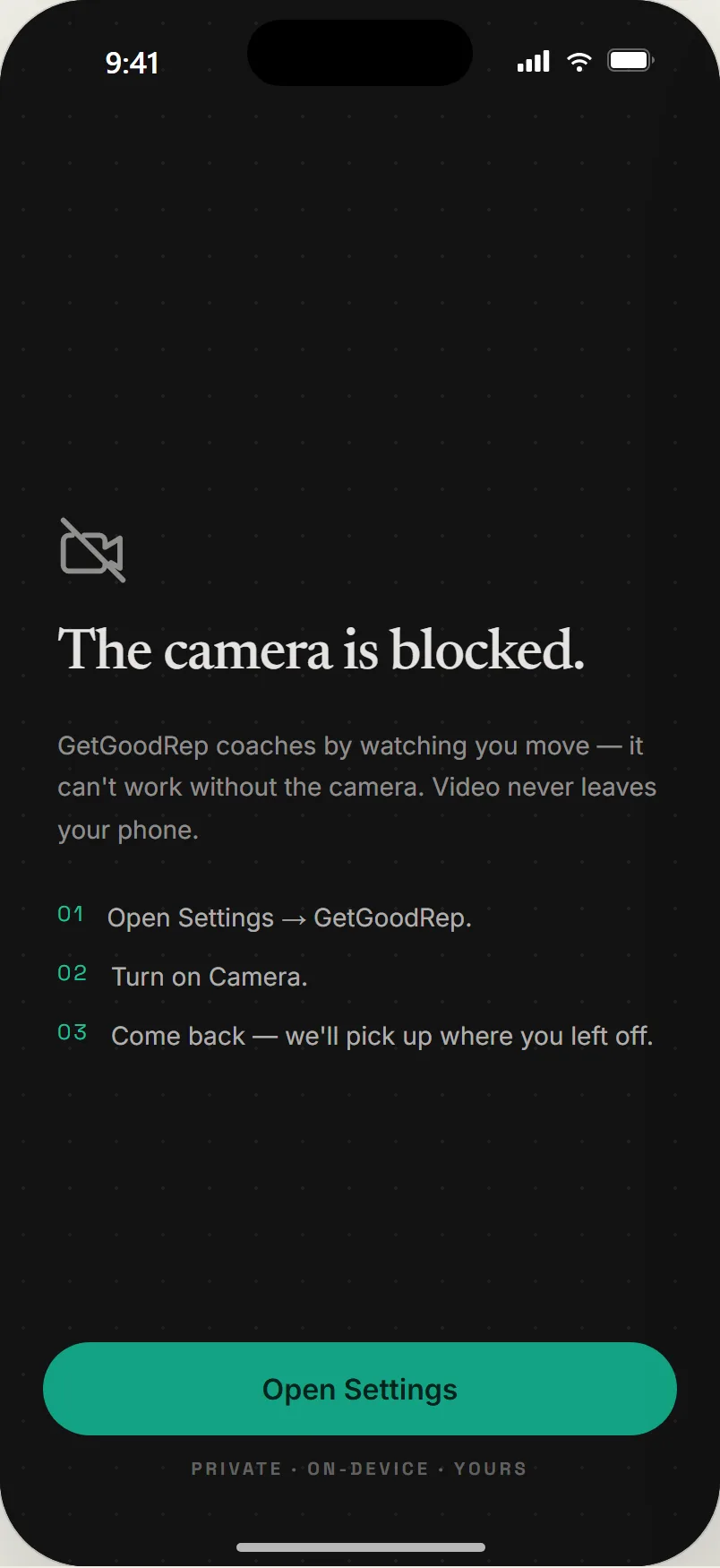 The camera is blocked: three steps to turn it back on in Settings, and a note that video never leaves your phone