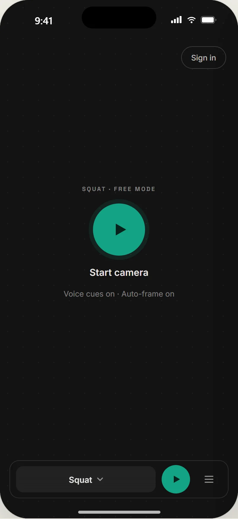 Pre-start: squat in free mode, a Start camera button, voice cues on, auto-frame on