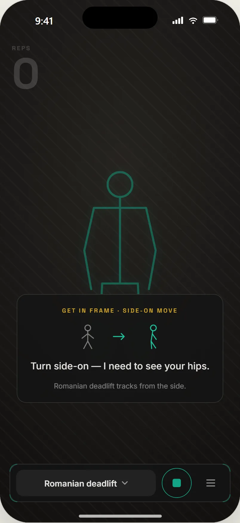Side-on setup: turn side-on so the coach can see your hips for a Romanian deadlift