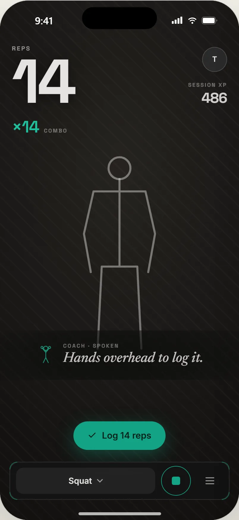 Fourteen reps and the spoken cue Hands overhead to log it