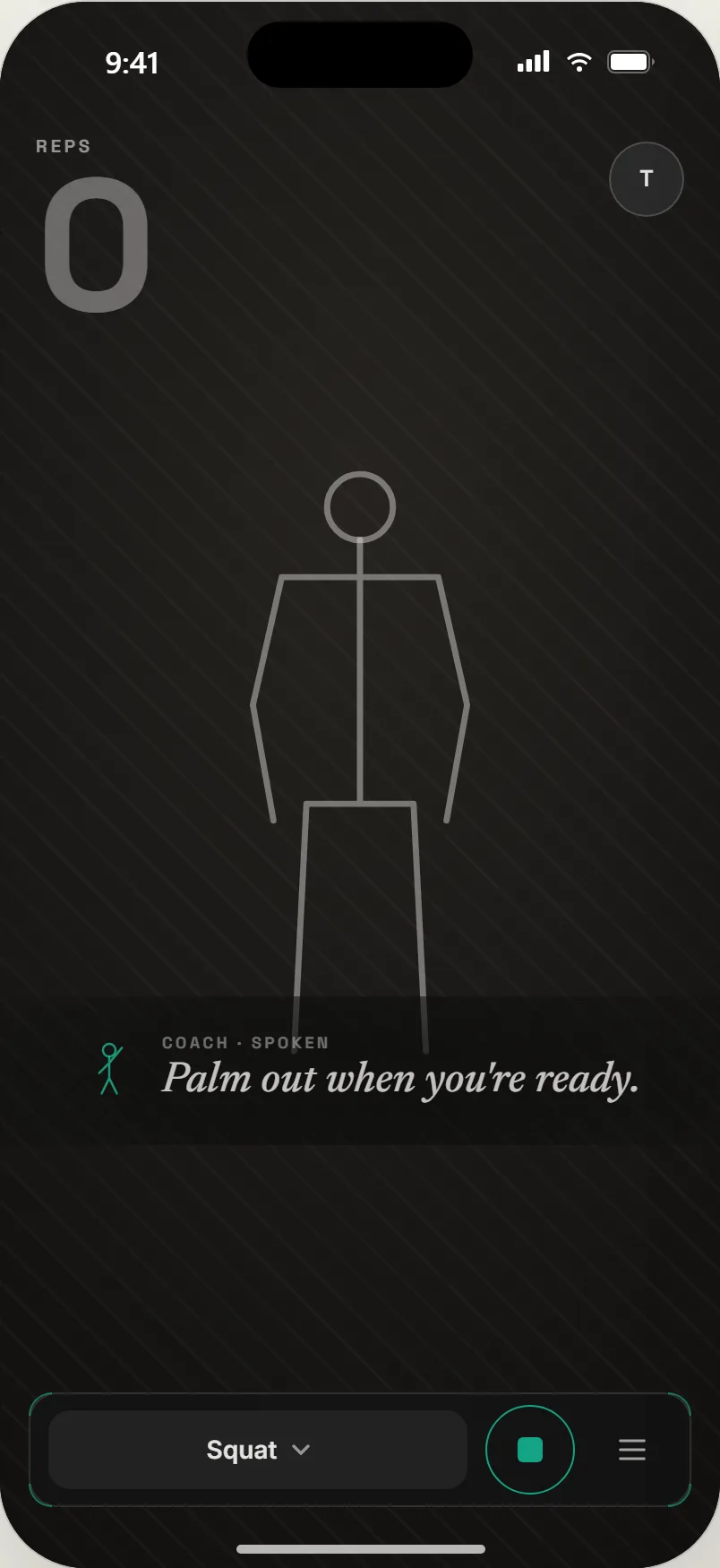 Zero reps, a faint skeleton, and the spoken cue Palm out when you're ready