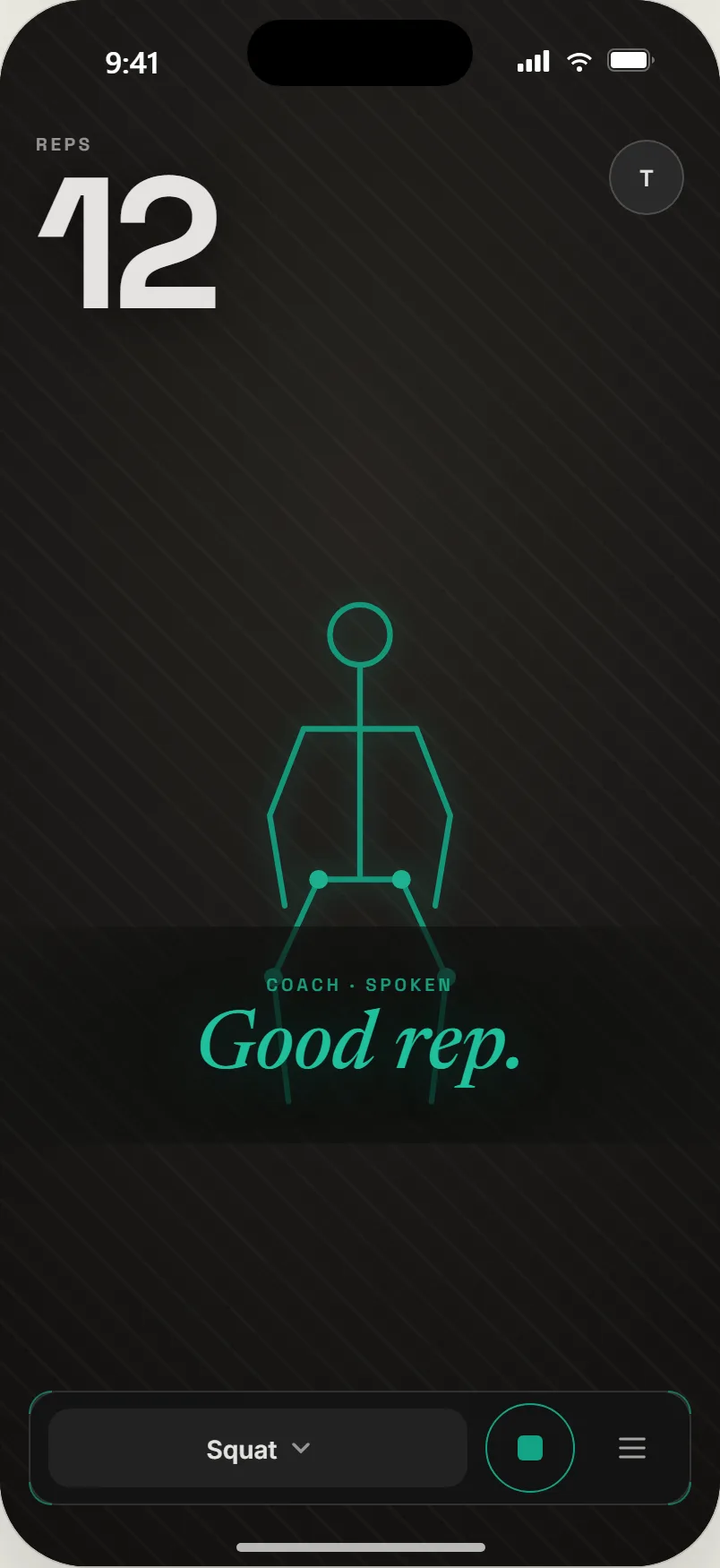 Quiet mode: twelve reps and the spoken Good rep, with no combo or XP on screen