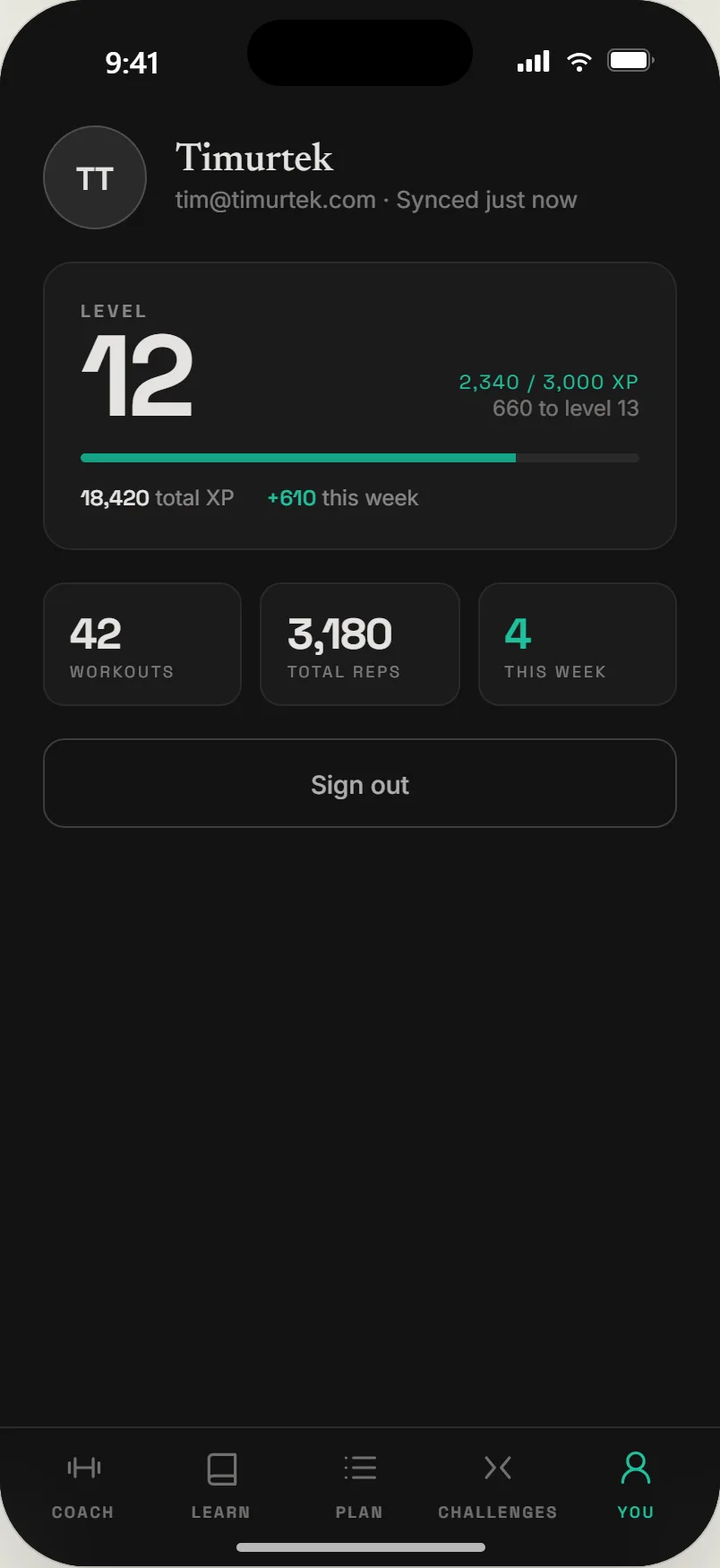 You tab: level 12, 2,340 of 3,000 XP, 42 workouts, 3,180 total reps, synced