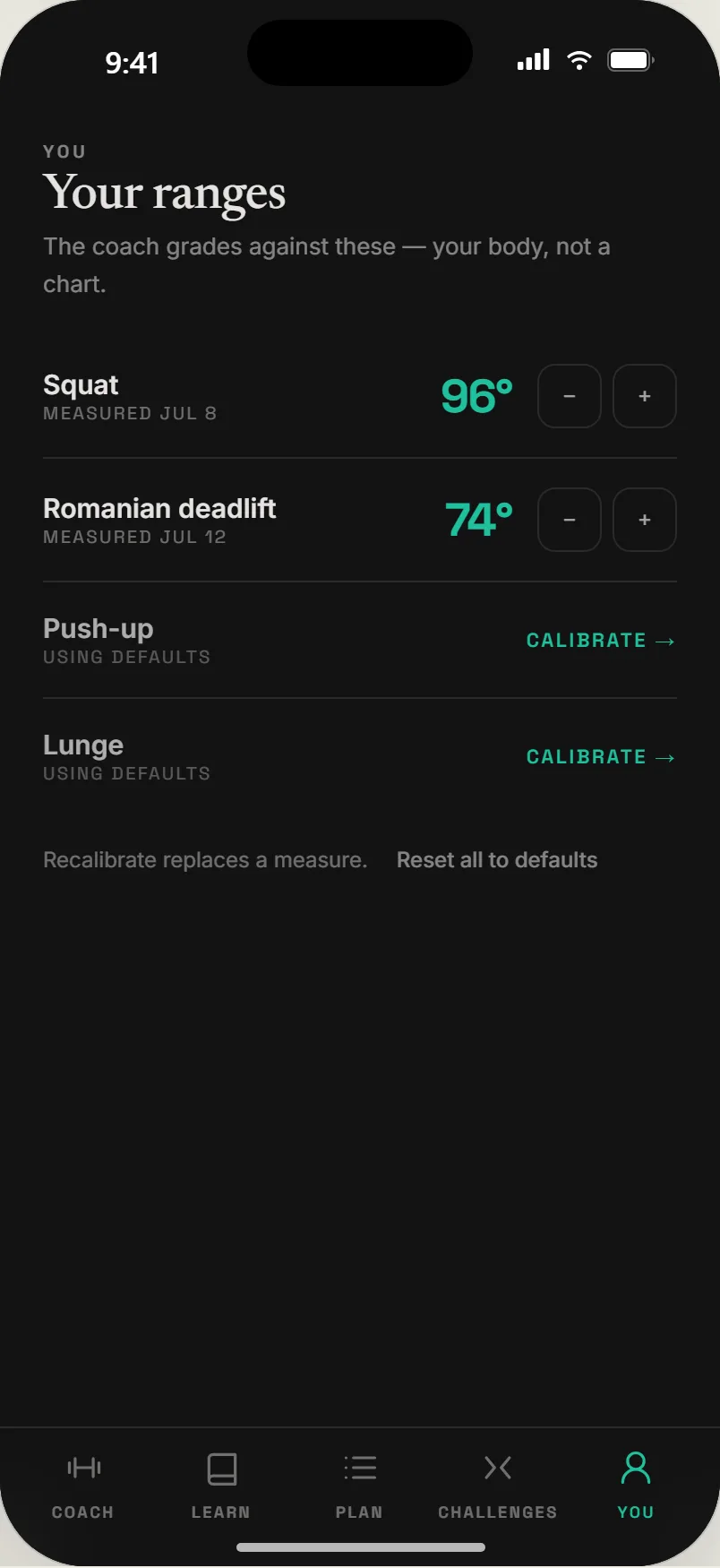 Your ranges: squat 96 degrees, Romanian deadlift 74 degrees, push-up and lunge using defaults