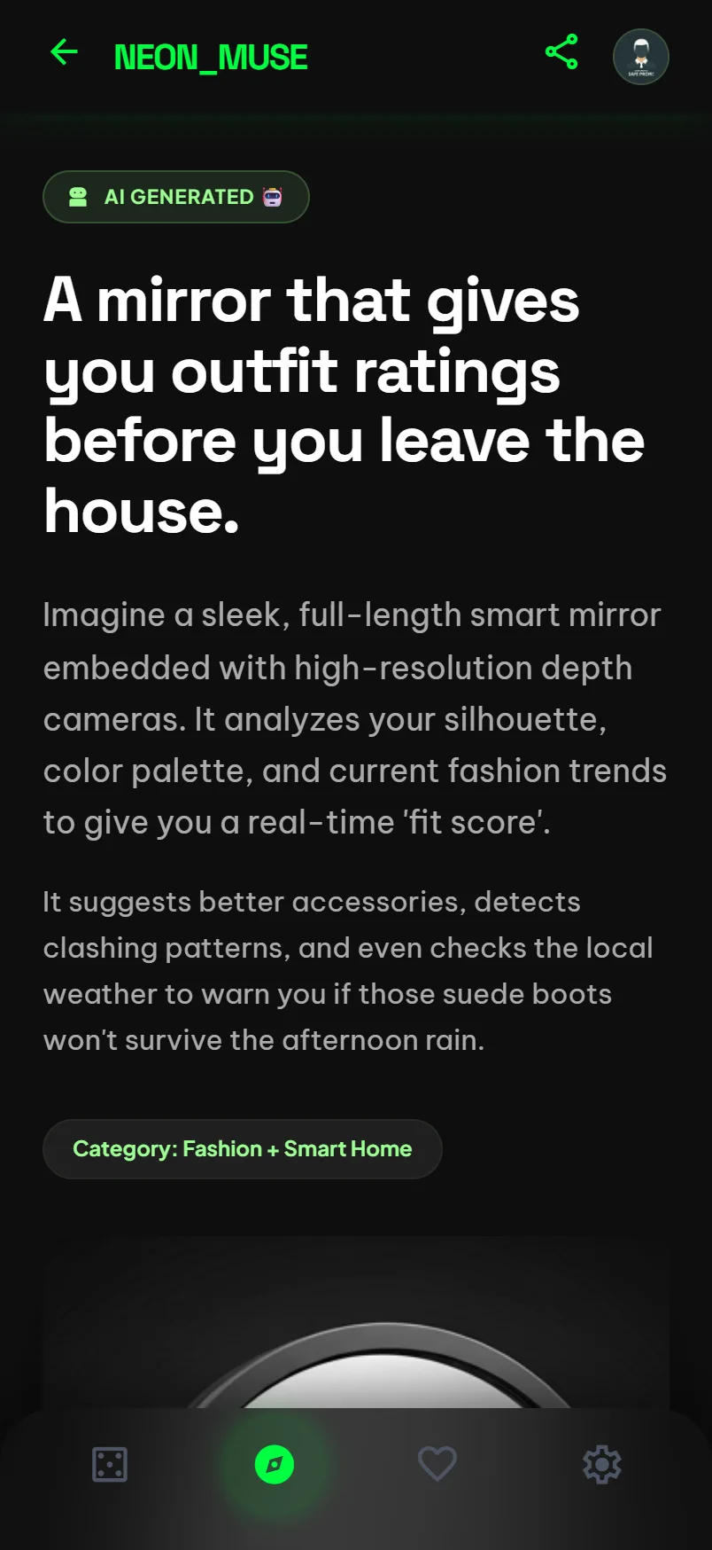 A generated idea's detail page with similar things that already exist and a debate-the-idea thread