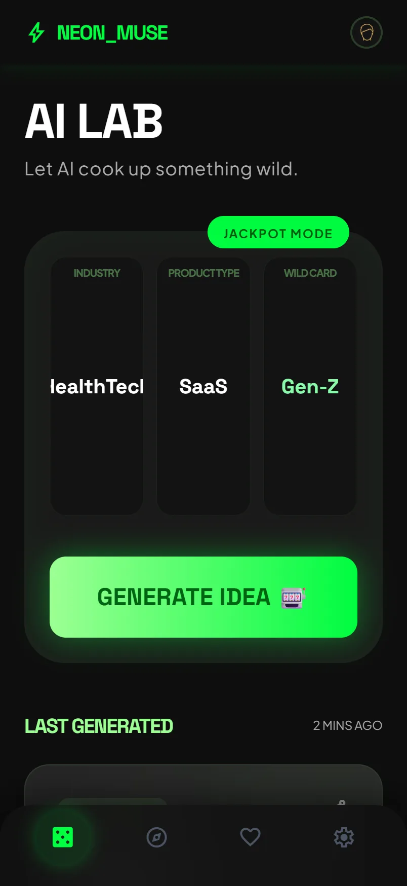 AI Lab generator with Jackpot Mode, industry and product-type selectors, last generated idea and laboratory insights