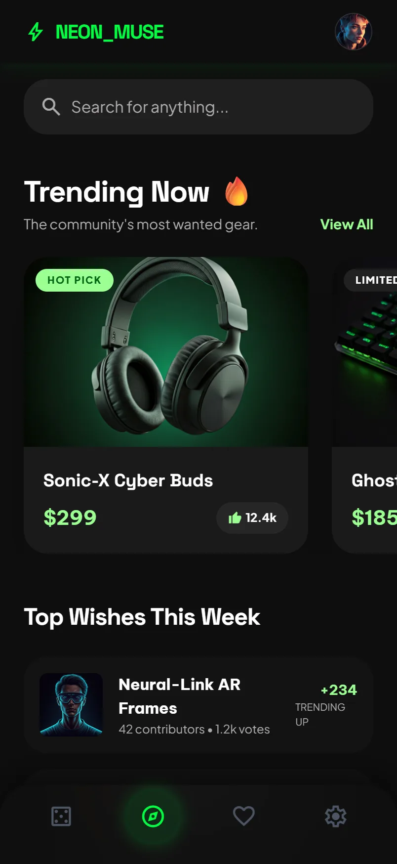 Explore tab, Trending Now, listing Sonic-X Cyber Buds, Ghost-Keys Deck v2 and Pulse Chrono Wear