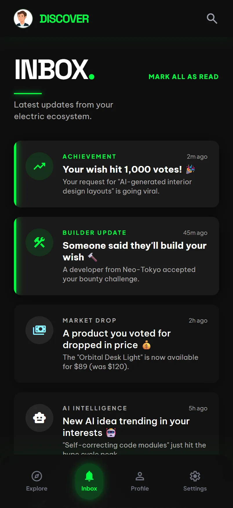 Notifications: a wish hit 1,000 votes, someone will build your wish, a price drop, and a trending AI idea