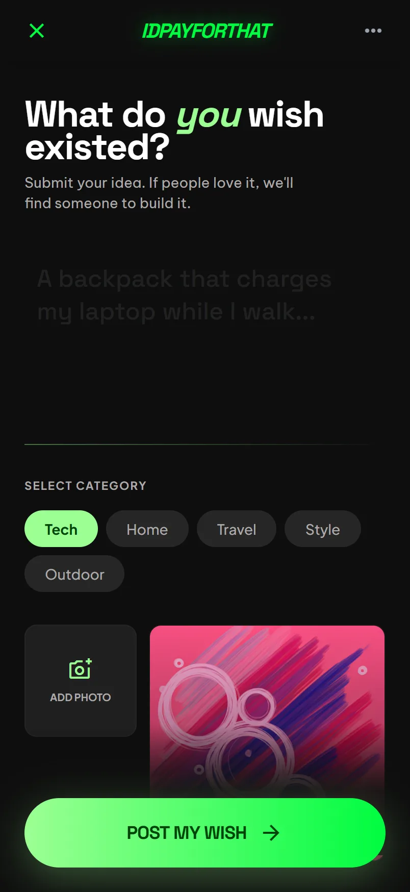 Post a wish: a one-sentence field, category selector, add photo and reference mood, and a Post My Wish button