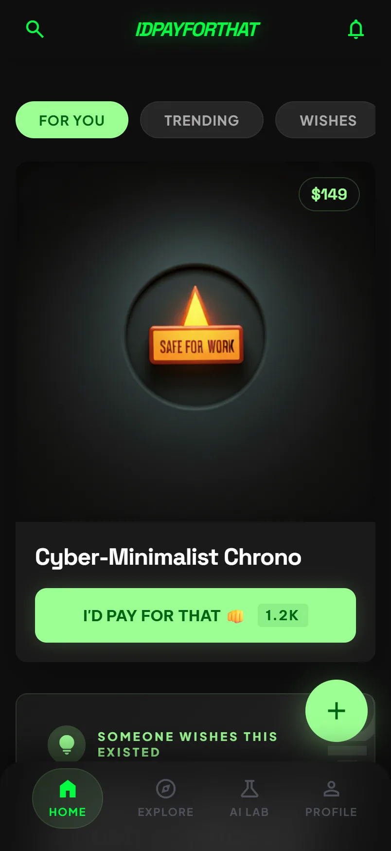 Product feed showing a Cyber-Minimalist Chrono and Modular Glow Panels, each with a vote count and an I'd pay for that action