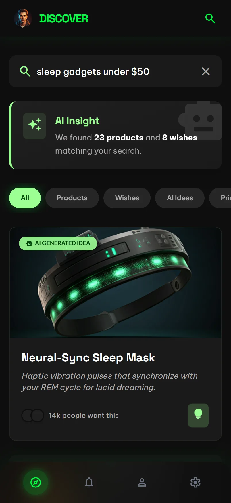 Search results with an AI Insight card for a Neural-Sync Sleep Mask, plus filters and recent searches