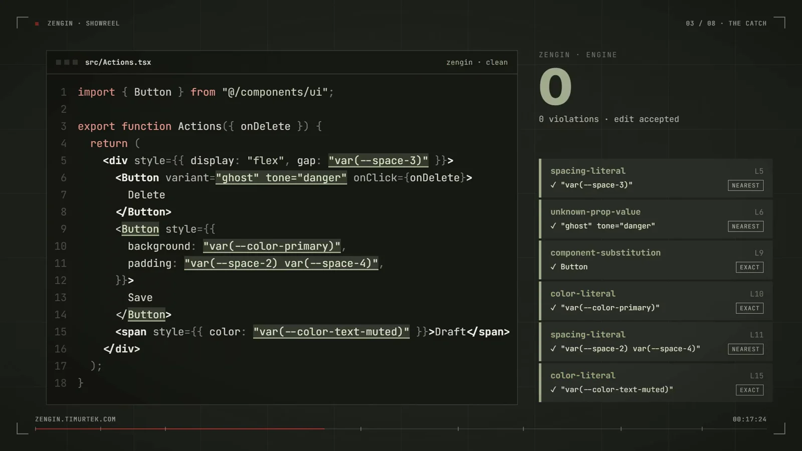The same file after the agent applied the fixes: spacing and colour tokens, the ghost variant with a danger tone, the system Button, and the engine reporting 0 violations, edit accepted