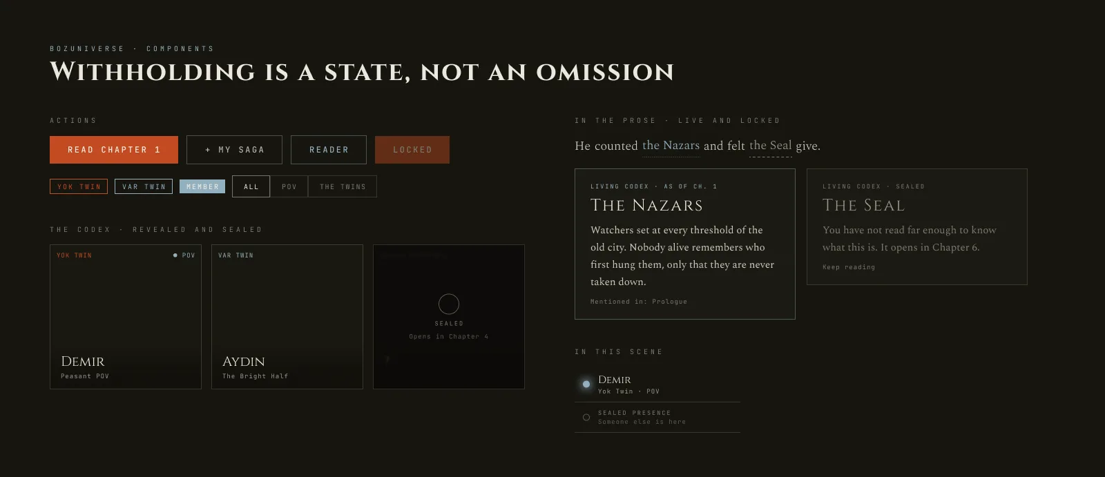 Components in Figma: buttons, tags and filter chips, three codex cards (two revealed, one sealed), a sentence with a live and a locked term, the lore panel open and locked, and the scene rail