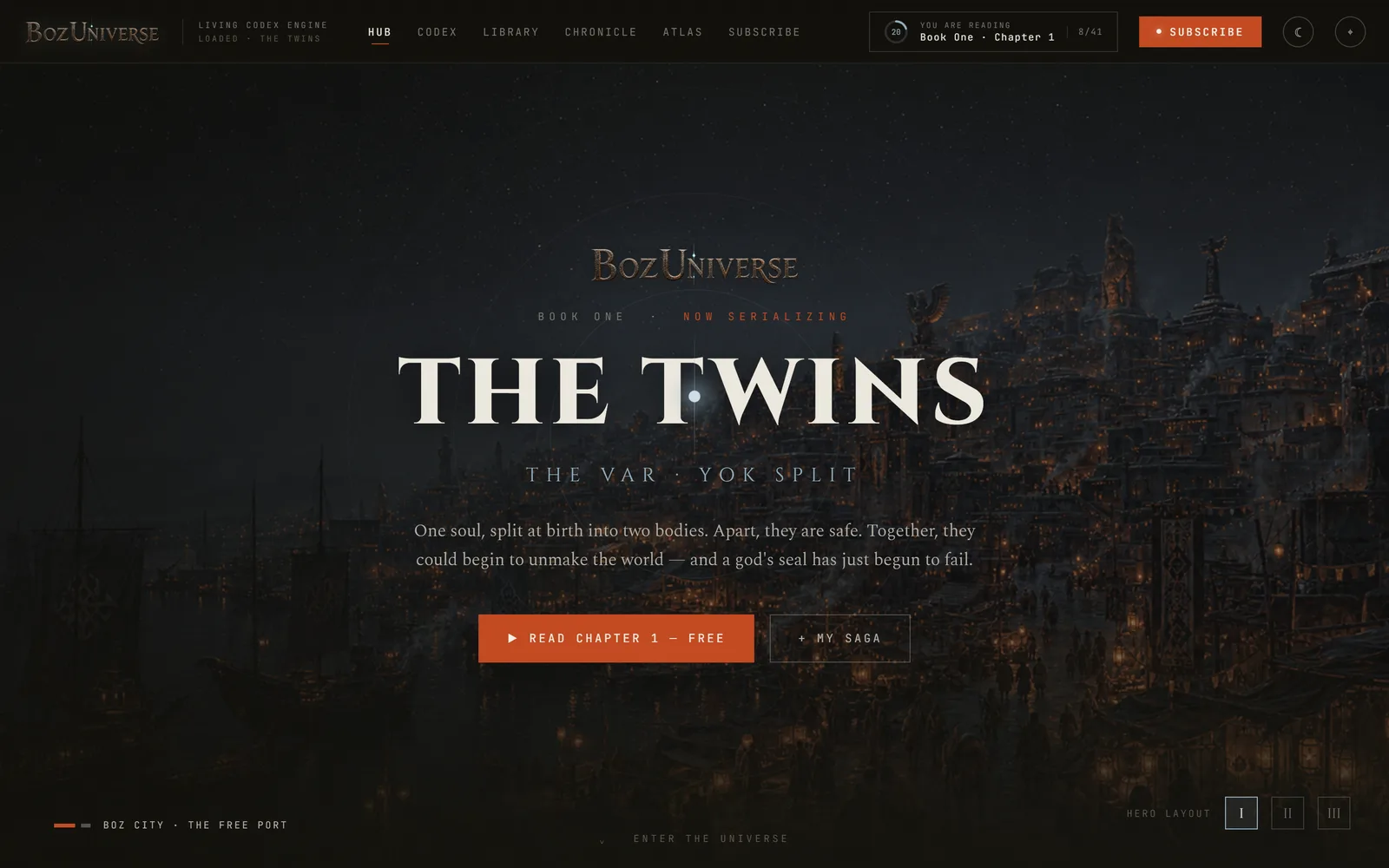 The BozUniverse hub: the wordmark over a night city, "Book One, now serializing", the title The Twins, and a free first chapter