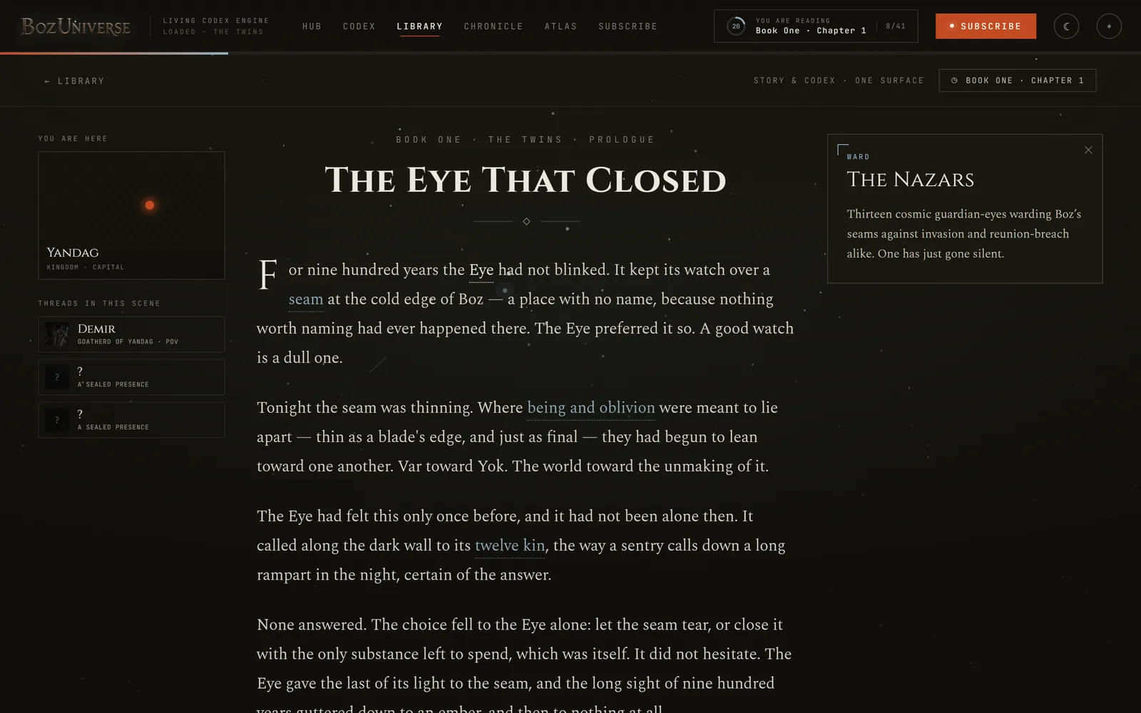 The reader with the Living Codex open: the prologue text with underlined terms, a panel defining "The Nazars", and a left rail showing the location and three threads, two of them sealed