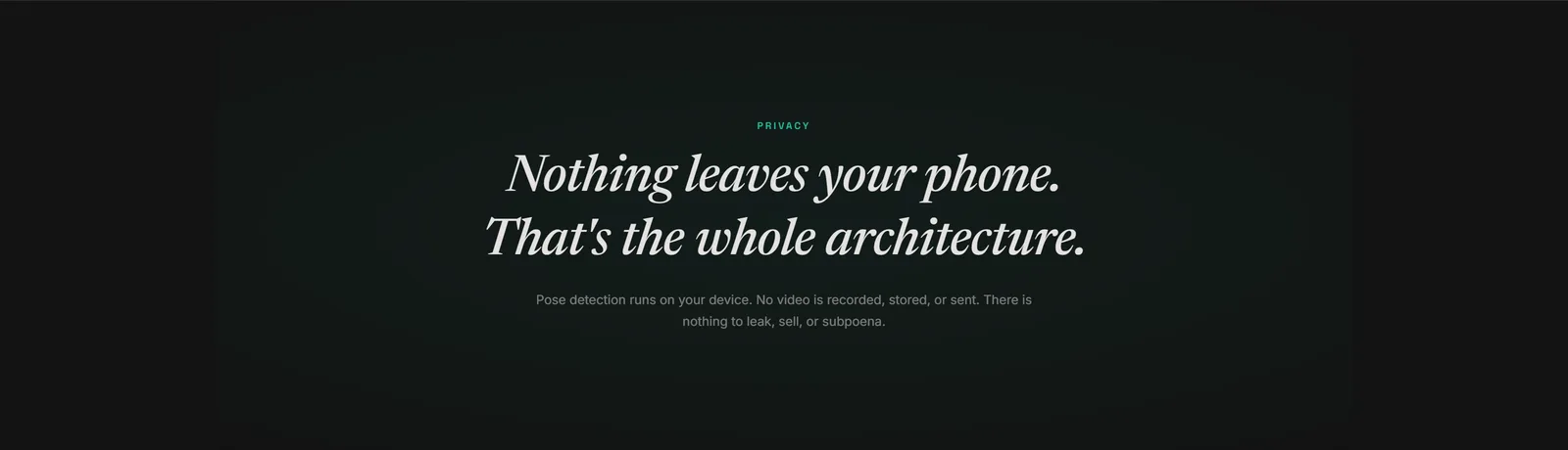 The goodrep.fit privacy section: "Nothing leaves your phone. That's the whole architecture."