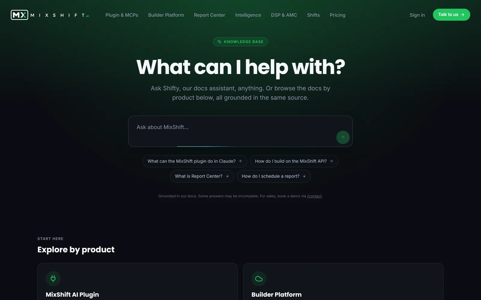 The MixShift knowledge base: a chat prompt reading What can I help with, four suggested questions, and the product areas below