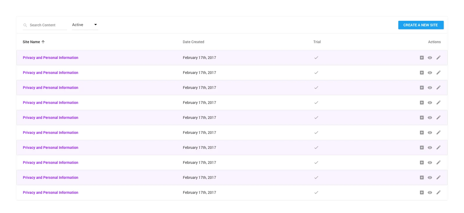 A content table rendered in a customer's violet palette: links, row highlights and the primary action button all carrying the customer's colors