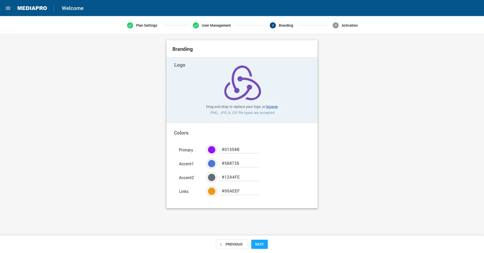 The branding step of onboarding: a drag-and-drop logo well, and four color fields labeled Primary, Accent1, Accent2 and Links, each with a swatch and a hex input