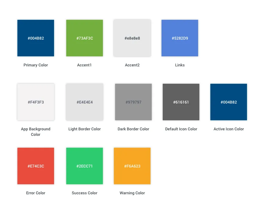 The MediaPRO color system: Primary, Accent1, Accent2, Links, App Background, Light and Dark Border, Default and Active Icon, Error, Success and Warning, each a named role with a hex value under it