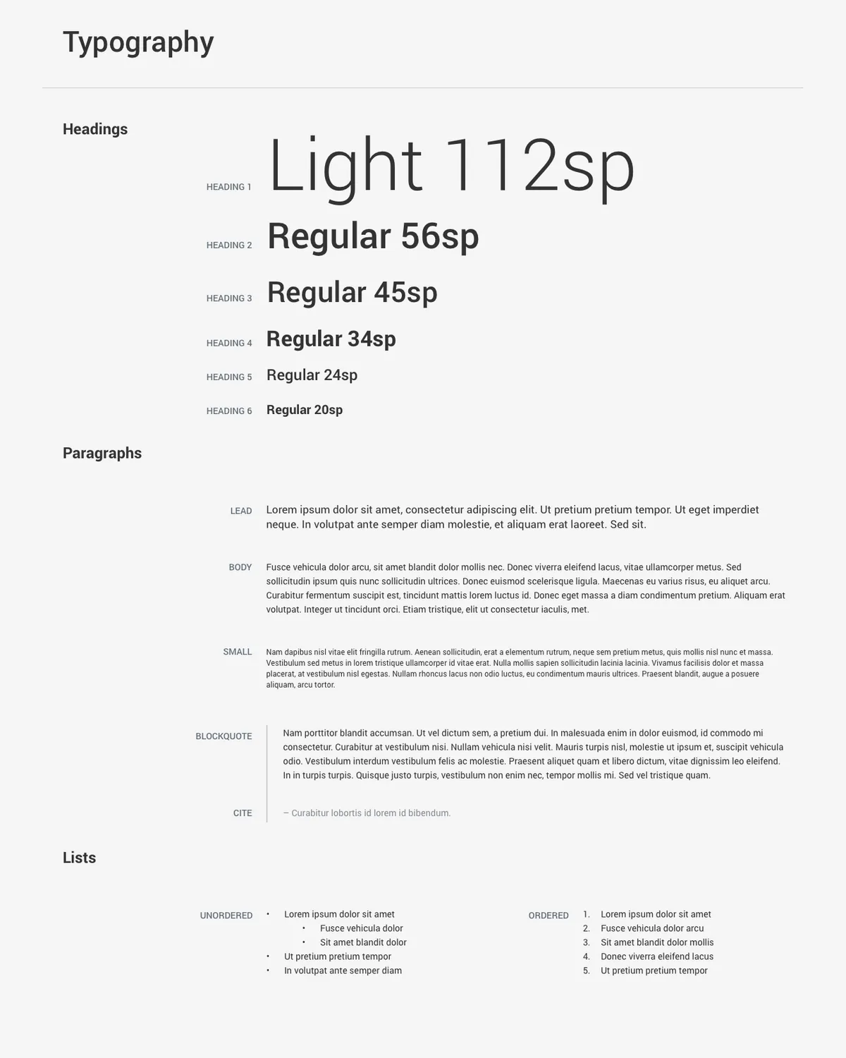 The MediaPRO type scale: display, headline, title, subheading, body and caption sizes with their weights and line heights