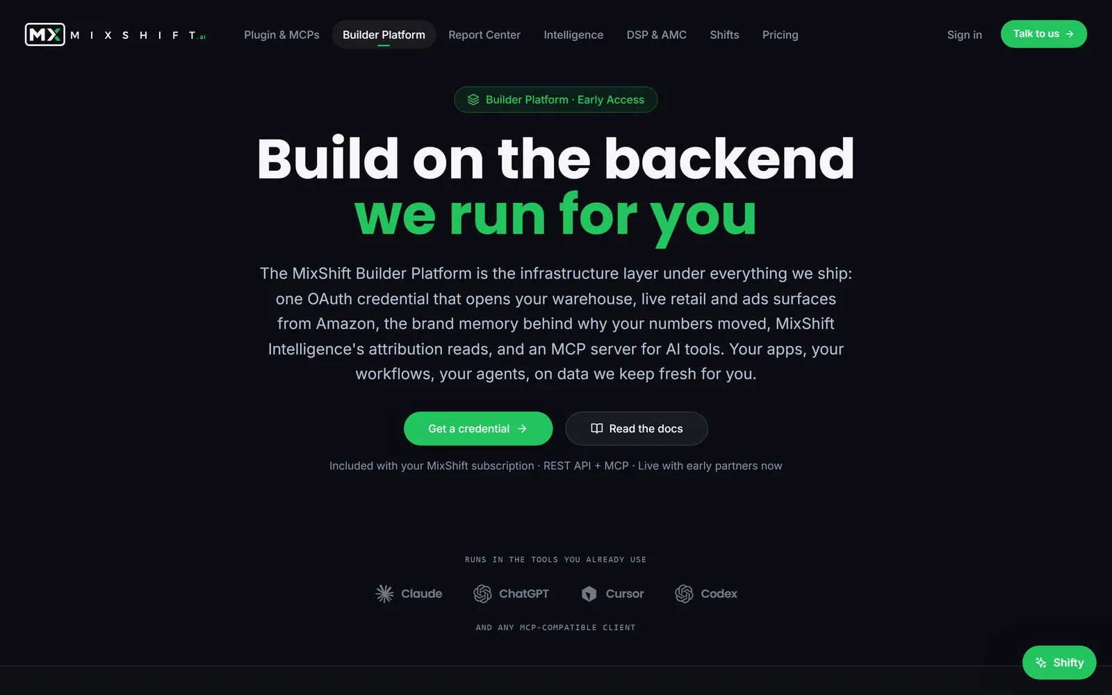The Builder Platform product page on mixshift.ai