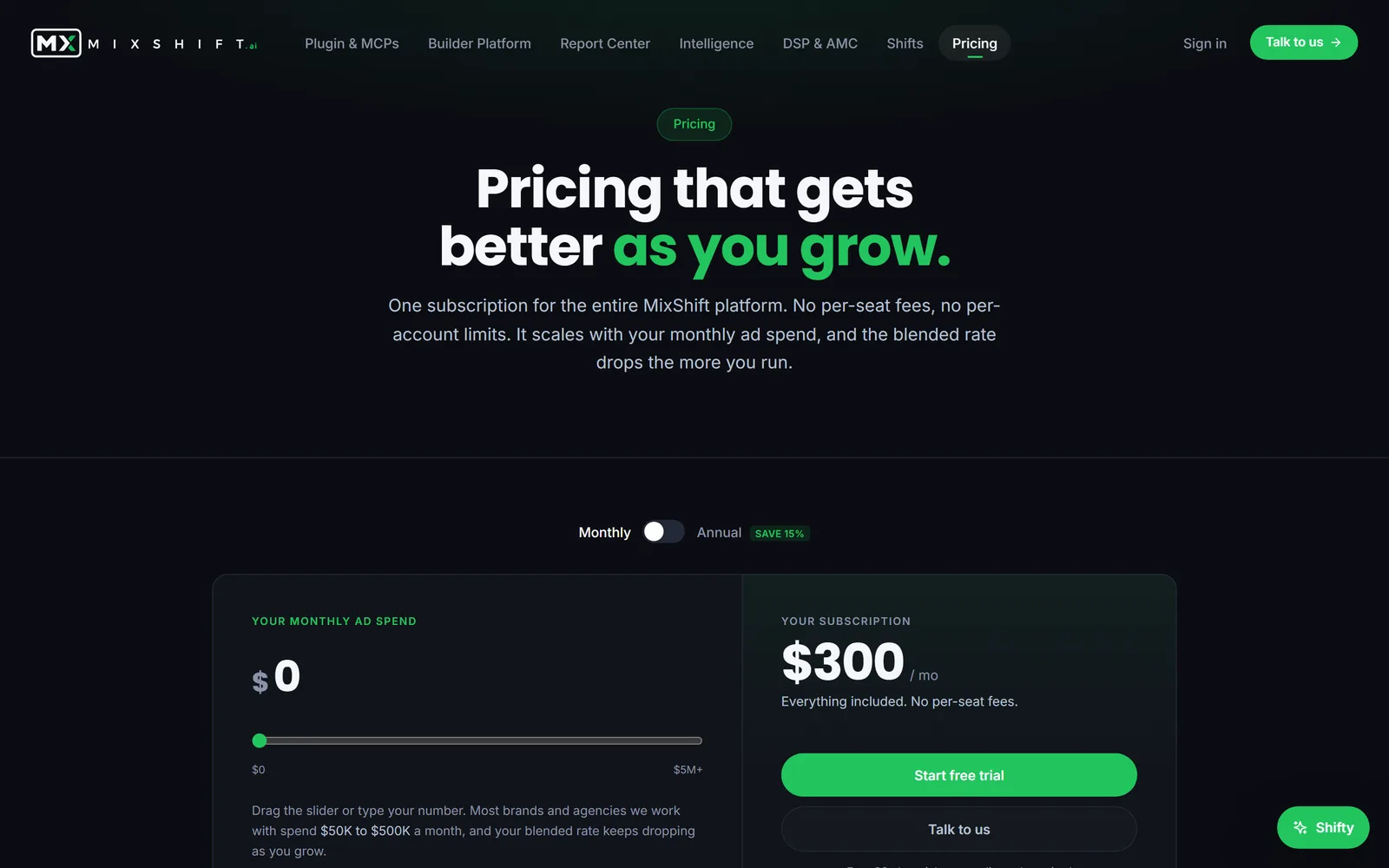 The pricing page on mixshift.ai