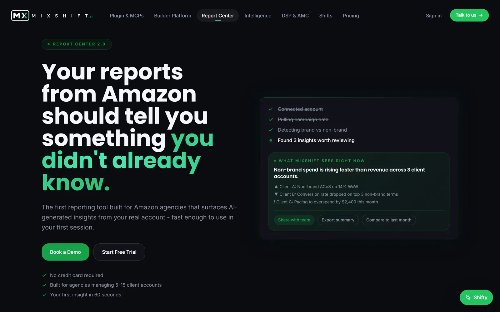 The Report Center product page on mixshift.ai