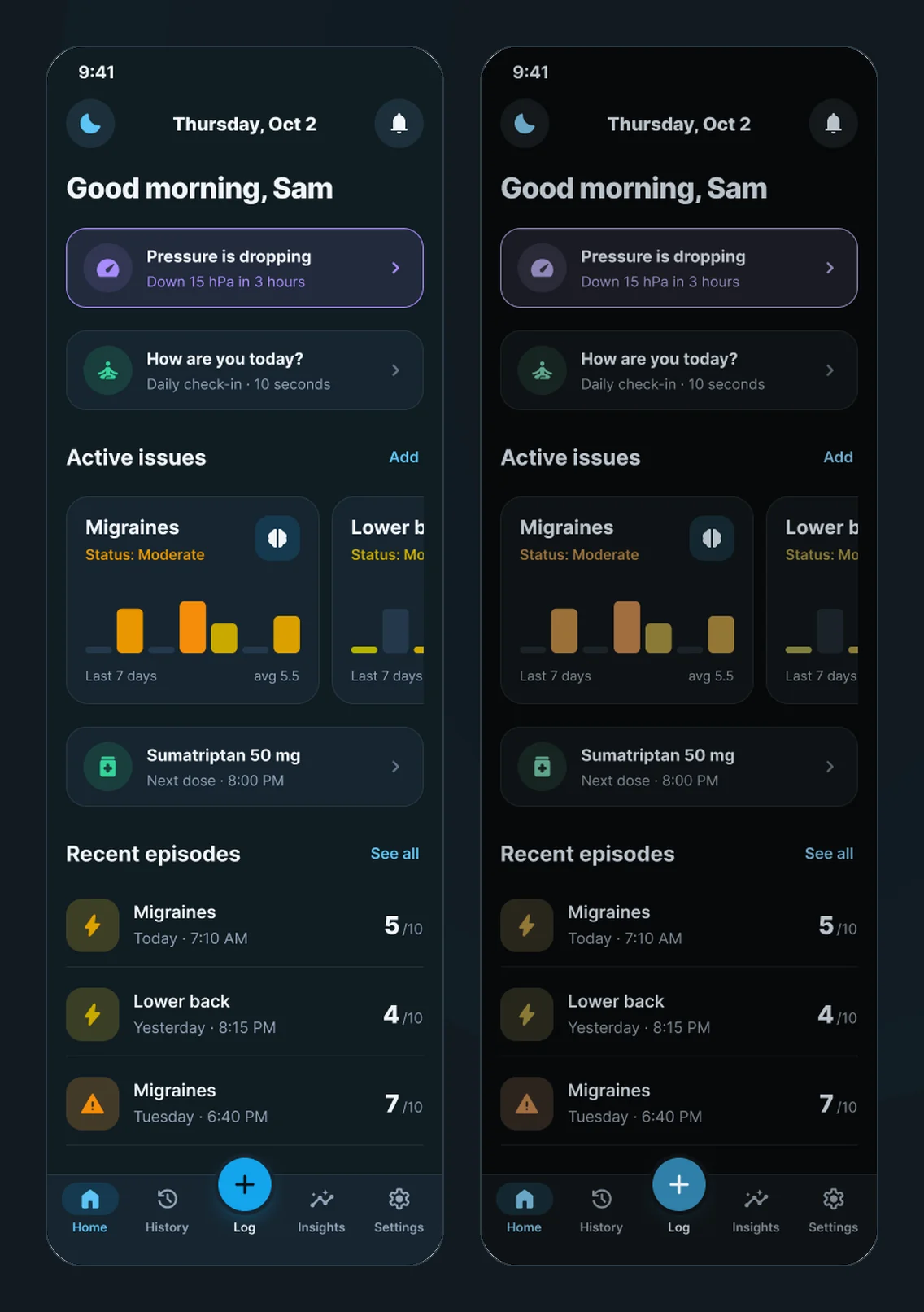 Home in Figma twice, the same frame in the Slate theme and in the Night theme