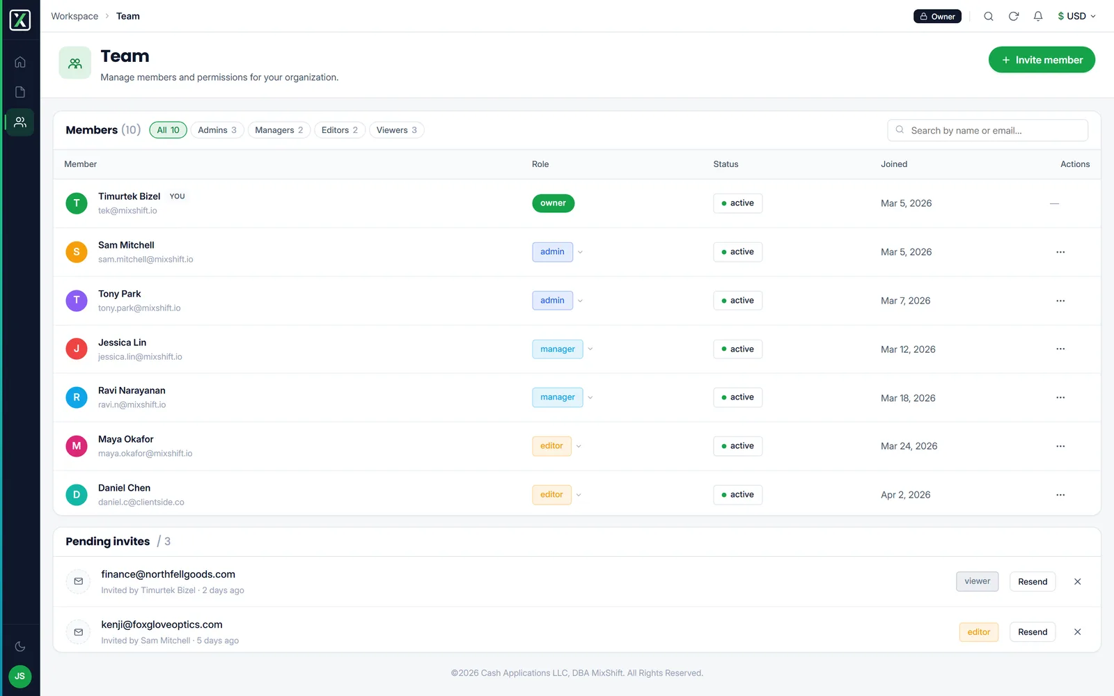 The team screen: seats, roles and invitations including a stale invitation