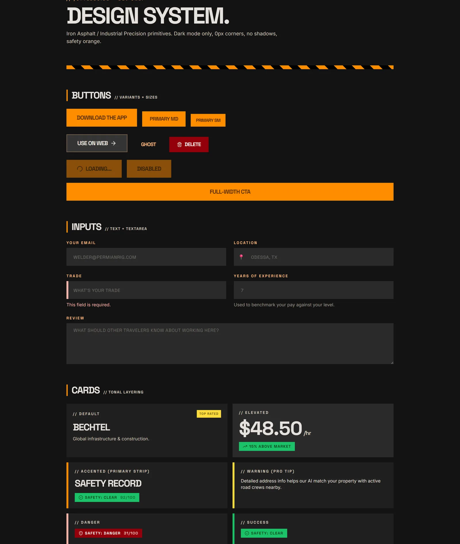 The RoadHand styleguide: buttons in every variant and size, inputs, and the tonal card set including a contractor card, a safety record and a pay figure