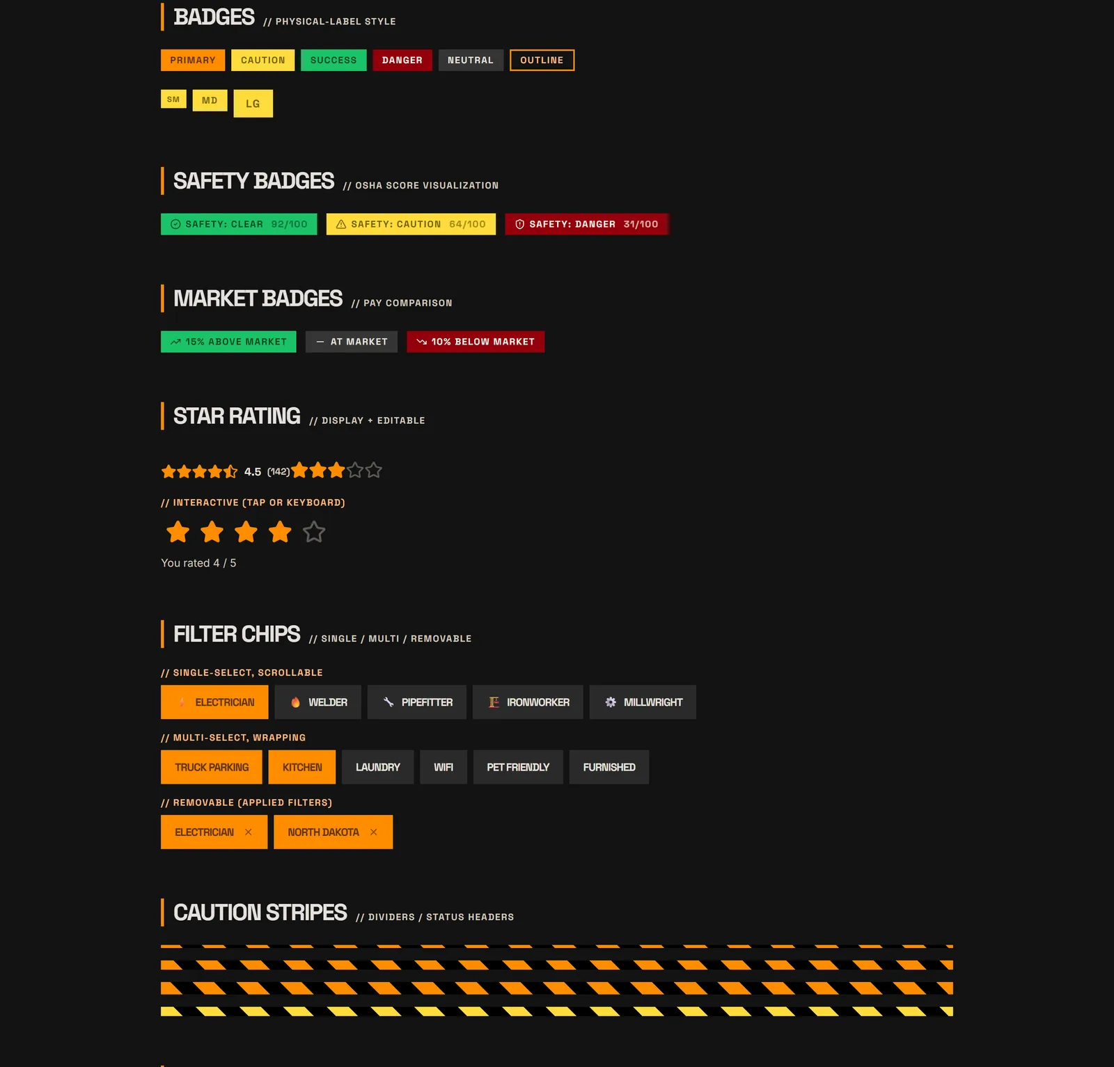The RoadHand styleguide, continued: badges, OSHA safety badges, market badges, star rating, filter chips by trade and amenity, and caution stripes