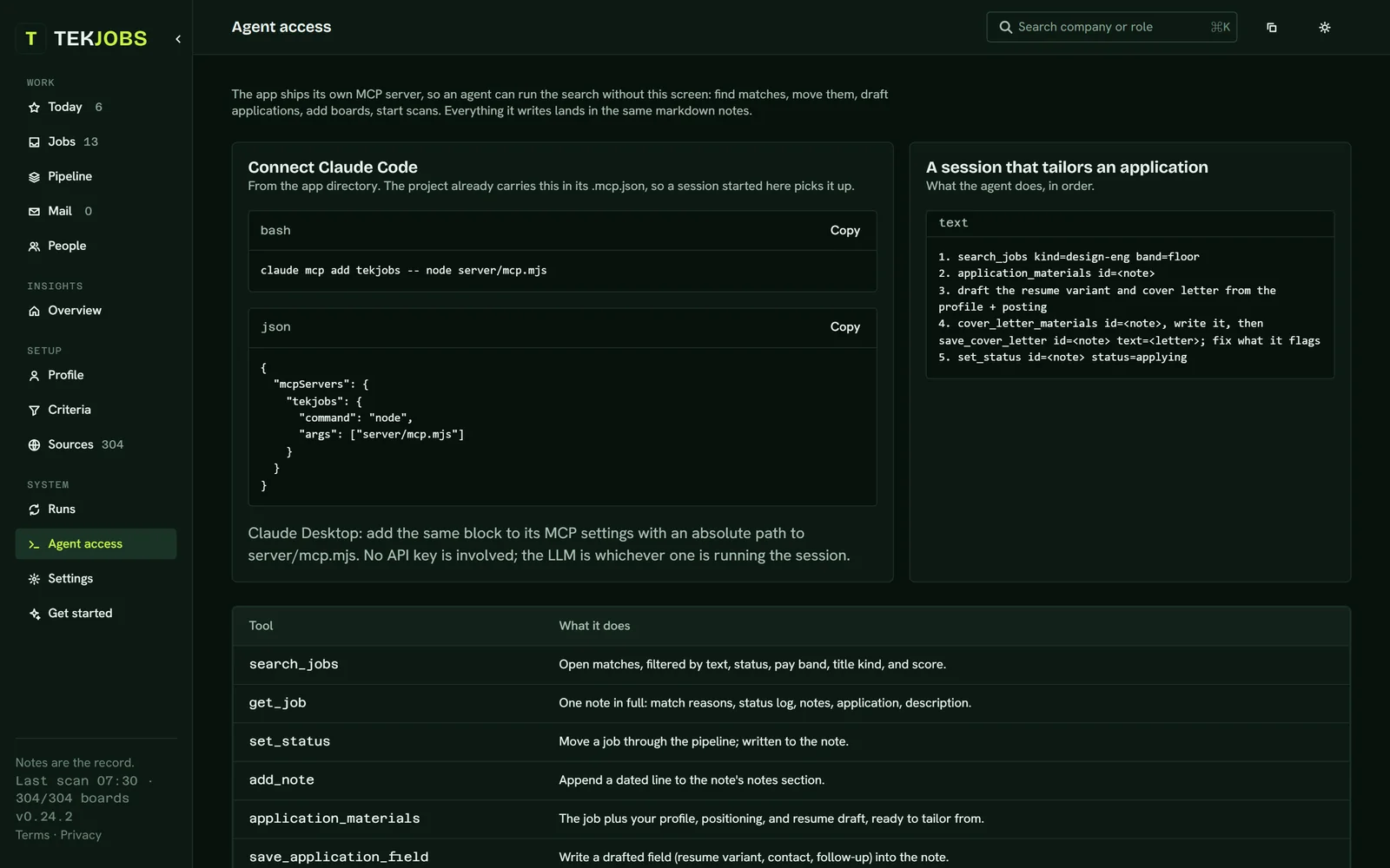 The Agent access page: the one-line command to connect Claude Code, the JSON block for other clients, a five-step session that tailors an application, and the start of the tool table