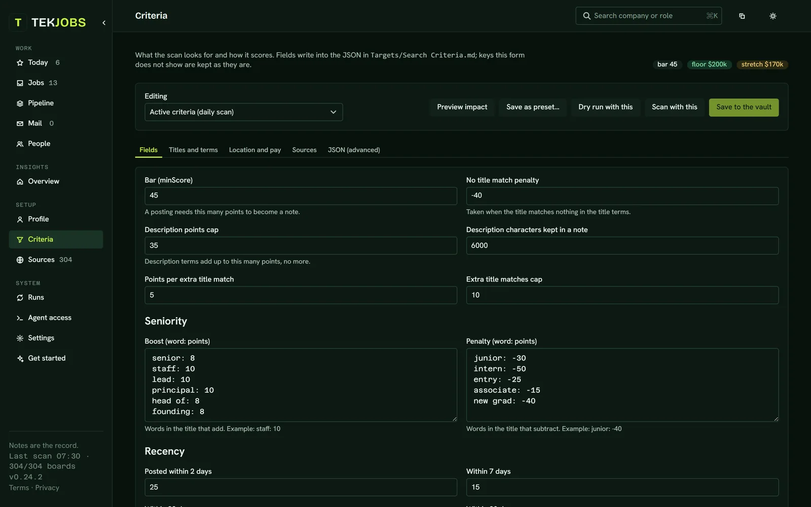 The Criteria page: the active criteria set, Preview impact, Save as preset, Dry run and Scan with this, above fields for the score bar, penalties, description caps and seniority boosts and penalties