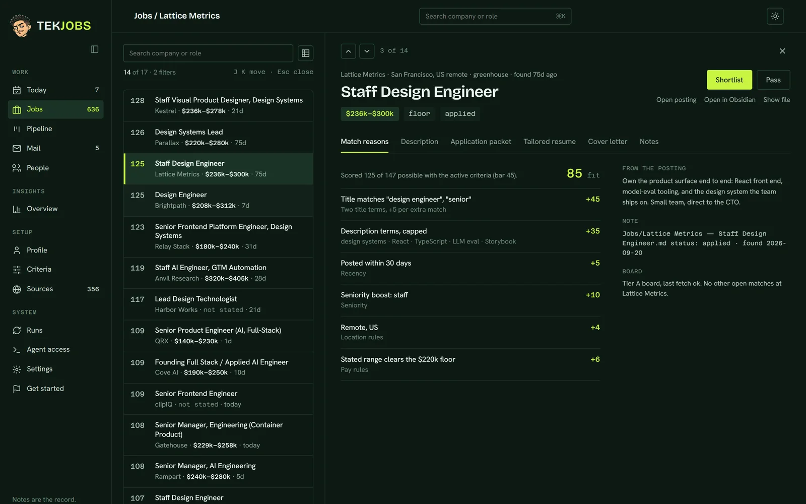 Mockup of the job sheet: 125 of 147, a fit of 85, with six scoring lines such as title matches design engineer +45 and description terms capped +35